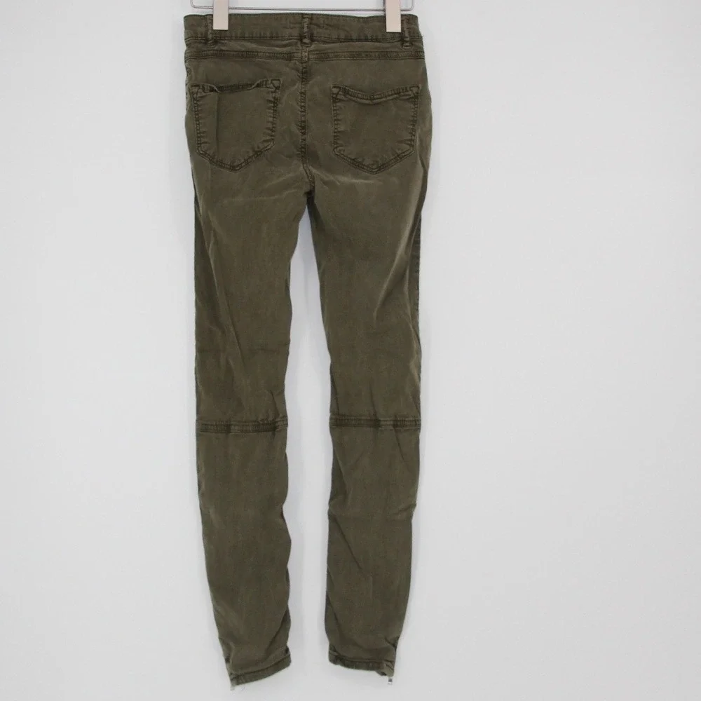 Zara Woman Denim Olive Green Moto Skinny Jeans Pants‎ Ankle Zip Ribbed Knee 4